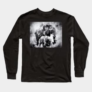 African Elephants with baby elephant calf - Black and White Watercolor Long Sleeve T-Shirt